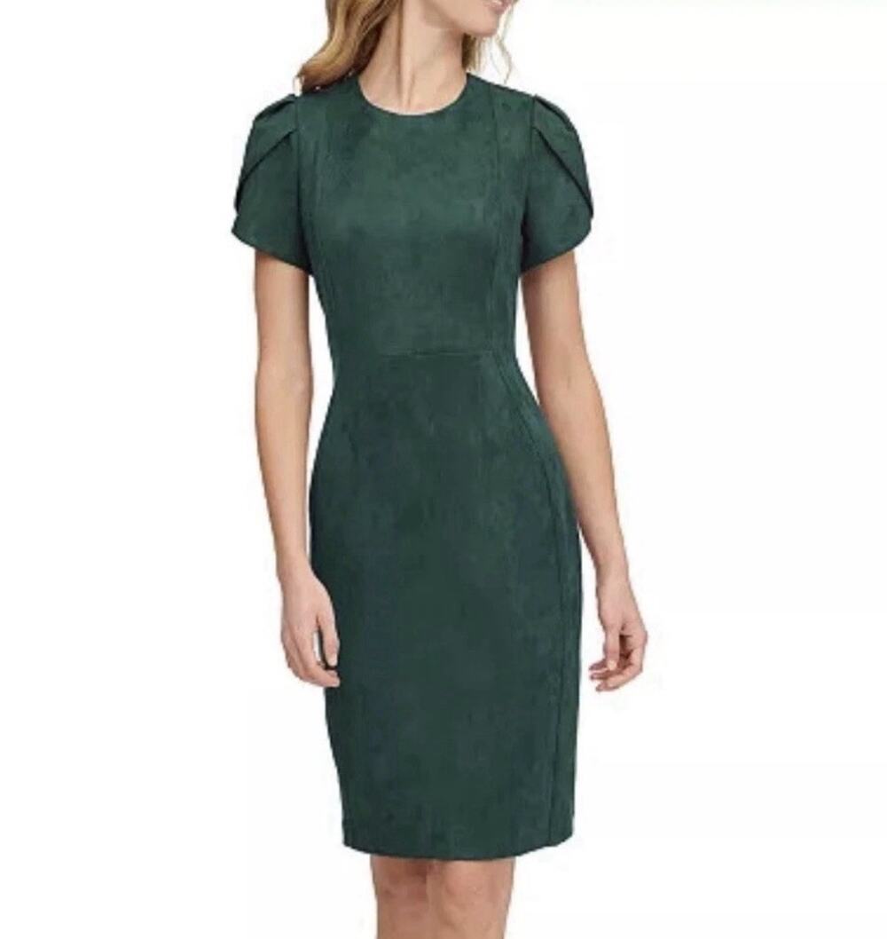 Calvin Klein Dress Size 12 Forest Green Faux Suede Short Sheath Petal Sleeves
